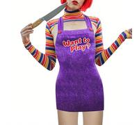 Feclmiyt Women's Halloween Killer Doll Costume Striped Long Sleeve Front Hollow Slim Short Tops+Bib Shorts Nightmare Killer Doll Romper Costume (H-03, L)