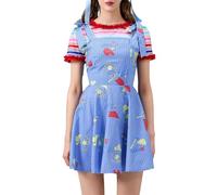Feclmiyt Women's Halloween Killer Doll Costume Striped Long Sleeve Front Hollow Slim Short Tops+Bib Shorts Nightmare Killer Doll Romper Costume (G-01, S)
