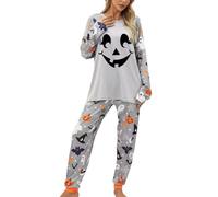 Feclmiyt Women's Halloween Pajamas Set Ghost Pumpkin Print Long Sleeve Round Neck Tops+Elastic Waist Long Pants Loungewear (A-05, M)
