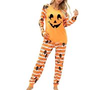 Feclmiyt Women's Halloween Pajamas Set Ghost Pumpkin Print Long Sleeve Round Neck Tops+Elastic Waist Long Pants Loungewear (A-03, L)