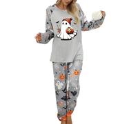 Feclmiyt Women's Halloween Pajamas Set Ghost Pumpkin Print Long Sleeve Round Neck Tops+Elastic Waist Long Pants Loungewear (B-05, L)