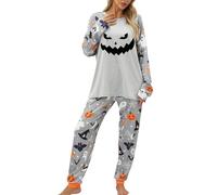 Feclmiyt Women's Halloween Pajamas Set Ghost Pumpkin Print Long Sleeve Round Neck Tops+Elastic Waist Long Pants Loungewear (A-04, S)