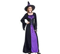 Feclmiyt Women's Halloween Witch Costume Black and Purple Long Sleeve Tie Front Dress with Wicked Witch Hat and Choker Cosplay Costume (A-Black, S)