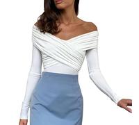 Feclmiyt Womens Sexy Off The Shoulder Tops Y2k Long Sleeve V Neck Skinny Bardot Tops Elegant Going Out Tunic T Shirts Streetwear (White, S)