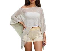 Feclmiyt Womens Sheer Poncho Shrug Y2K Sequin Fringe Hem Off Shoulder See-through Mesh Knit Poncho Crochet Cape Beach Cover Ups (Champagne, S)