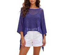Feclmiyt Womens Sheer Poncho Shrug Y2K Sequin Fringe Hem Off Shoulder See-through Mesh Knit Poncho Crochet Cape Beach Cover Ups (Navy, M)