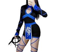 Feclmiyt Womens Short Dragon Ninja Costume Halloween Front Cutout Sexy Contrast Color Bodysuits Romper Anime Cosplay Warrior Adult (Blue, XL)