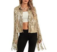Feclmiyt Women's Sparkly Sequin Fringe Jacket Shiny Long Sleeve Tassel Sparkle Disco Jackets Glitter Metallic Blazers Rave Concert Cowgirl Outfit (Golden, M)