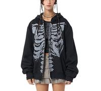 Feclmiyt Women's Y2K Skull Printed Zip Up Hoodie Sweatshirt Oversized Long Sleeve Skeleton Punk Sweatshirt Fall Winter Going Out Tops (A-Black, M)