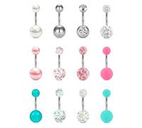FECTAS 12pcs Belly Bar Pack 10mm Belly Button Bars Set Stainless Steel Belly Button Piercing Navel Belly Rings Piercing Jewellery 14G Silver Pink Green