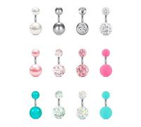 FECTAS 12pcs Short Belly Bar Pack 6mm Belly Button Bars Set Stainless Steel Belly Button Piercing Navel Belly Rings Piercing Jewellery 14G Silver Pink Green