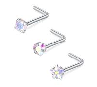 FECTAS 18G L Shaped Nose Studs Surgical Stainless Steel 3mm Round Star Heart CZ Nose Rings Studs Silver Nose Rings for Women Nose Nostril Piercing Jewerly 3pcs
