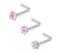 FECTAS 18G L Shaped Nose Studs Surgical Stainless Steel 3mm Round Star Heart Pink CZ Nose Rings Studs Silver Nose Rings for Women Nose Nostril Piercing Jewerly 3pcs