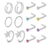 FECTAS 20g Nose Ring, Silver Nose Stud, 8mm 10mm 12mm Hypoallergenic Stainless Steel Double Nose Ring, 0.8mm Gauge 10mm L-Shaped Nose Stud with Cubic Zirconia Nose Piercing Jewellery