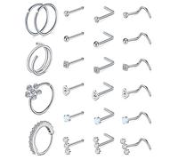 FECTAS 23pcs Nose Rings for Women Nose Bone L Shaped Nose Studs Screw 20G Stainless Steel Nose Ring Piercing Jewellery Set Nose Hoop Rings Silver