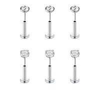 FECTAS 6pcs Threadless Push-in Cartilage Tragus Helix Piercing Jewellery Flat Back Stud Earrings Stainless Steel 16G 6mm Lip Bars Labret Stud Lip Ear Medusa Piercing 4mm CZ Silver