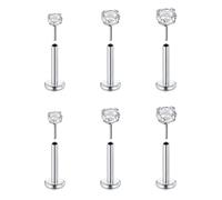 FECTAS 6pcs Threadless Push-in Cartilage Tragus Helix Piercing Jewellery Flat Back Stud Earrings Stainless Steel 16G 8mm Lip Bars Labret Stud Lip Ear Medusa Piercing 2mm 3mm 4mm CZ Silver