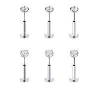 FECTAS 6pcs Threadless Push-in Lip Bars Labret Stud Piercing Stainless Steel 16G 6mm Tragus Cartilage Helix Earring Piercing Jewellery Silver 3mm CZ