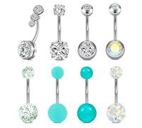 FECTAS 8pcs Long Belly Bar Pack Belly Button Bars Set Belly Button Rings Navel Bars 12mm Surgical Steel 14G Piercing Jewellery Silver Green