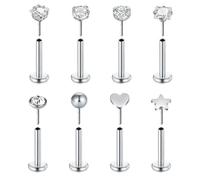 FECTAS 8pcs Threadless Push-In Lip Bars Labret Stud Piercing Stainless Steel 16G 8mm Tragus Cartilage Helix Earring Piercing Jewellery