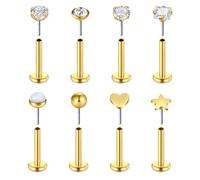 FECTAS 8pcs Threadless Push-In Lip Bars Labret Stud Piercing Stainless Steel 16G 8mm Tragus Cartilage Helix Earring Piercing Jewellery Gold