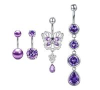 FECTAS Belly Button Bars 10mm Surgical Steel Dangly Belly Bar Diamond Butterfly Pearl Dangle Navel Piercing Stainless Steel Navel Jewellery Purple