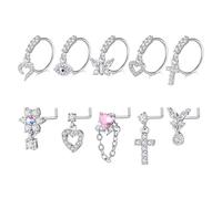 FECTAS Dangly Nose Ring Stud Piercing Jewellery Silver L Shape Nose Hoop 18g Surgical Steel Nose Rings Studs 7mm 10mm Bar Diamond Heart Butterfly Evil Eye Cross Flower