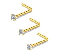 FECTAS Nose Ring L Shaped Nose Stud 18G L Bend Nose Piercing Jewellery Stainless Steel 3mm Diamond CZ Gold 3pcs