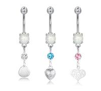 FECTAS Opal Belly Button Bars Silver Belly Bar Surgical Steel 14G Navel Bars Belly Button Piercing Jewellery Diamond Heart Bells Dangle