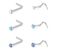 FECTAS Opal Nose Ring 22g Silver L Shape Nose Stud 7mm 8mm Stainless Steel Thin Nose Piercing Jewellery 0.6mm