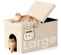 Fecuria 3-in-1 Cat Litter Box Enclosure with Odor Control, Multi-Functional Hidden Litter Box Furniture Bench, Dog Proof, Space-Saving Ottoman Cabinet with Flip-Up Lid, Storage Footrest, Beige