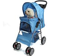 FED 74795: Blue Pet Dog Puppy Stroller Pram Pushchair - 15kg Capacity, Foldable Frame, Weather Roof, Easy Maneuver, Removable Cushioned Mat