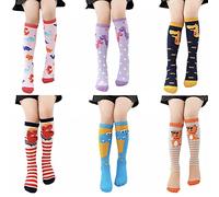 FedMois 6 Pairs Girls Knee High Long Socks Cotton Animal Stockings 3-10 Years, dinosaurs