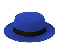 Unisex Vintage Wool Pork Pie Boater Flat Top Hat for Women Men Felt Wide Brim Fedora Gambler Trilby Sombrero Caps - Blue - One Size