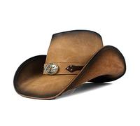Fedora Trilby Leather Western Cowboy Hat For Men Fedora Hat Gentleman Dad Sombrero Jazz Caps Size 58-59Cm Khaki