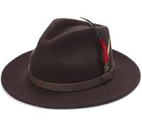 Fedora Unisex Brown Wool Hat, Wide Brimmed Fedora Hat with Feather Brooch, Extra Small 100% Wool with Adjustable Band and Removable Feather Sun Protection for Men & Women (56cm)