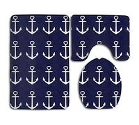 Fedso Nautical Navy Blue Anchor Of Sailor Non Slip Large Home Bathroom Rugs Doormats,Soft Toilet Rug U-Shaped Mat,Premium Round Toilet Lid Cover 3 Pieces Set
