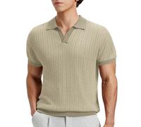 FEDTOSING Textured Polo Shirts for Men Short Sleeve V Neck Knit Sweater Casual Collared Pullover Stretch Shirt Summer Khaki