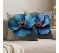 Feeaxeae Set of 2 Blue Cushion Covers 45 x 45,Velvet Decorative Throw Pillow Covers for Sofa Couch,Home Decoration Scatter Cushions with Double Sided Print & Invisible Zipper, Flower,-#b974s