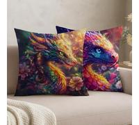 Feeaxeae Set of 2 Colorful Cushion Covers 50 x 50, Velvet Decorative Throw Pillow Covers for Sofa Couch, Home Decoration Cushions with Double Sided Print & Invisible Zipper, Dragon, #b1036s