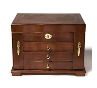 FEECOZ Wooden Jewelry Box for Women, Solid Wood Jewelry Organizer with Mirror and 3-Drawer, Ring,Necklacel,Vintage Style Storage Box with Lock (Dark Brown（Rose Pattern)