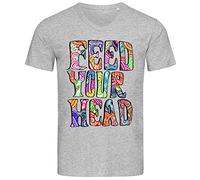 Feed Your Head Studying Reading Slogan Graphic Men's V-Neck Cotton T-Shirt Medium Gray