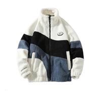 FEegar Mens Sherpa Jacket Color Patchwork Outwear Teddyfleece Sweater Full-Zip Jackets Long Sleeve Warm Fuzzy Coats(White,L)
