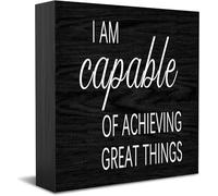 Feehiget I Am Capable Of Achieving Great Things Wood Box Sign,Desk Decor For Home Office,Tabletop Shelf Decor,5X5 Inch