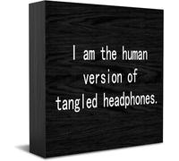 Feehiget I Am The Human Version Of Tangled Headphones Wood Box Sign,Desk Decor For Home Office,Tabletop Shelf Decor,5X5 Inch