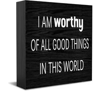 Feehiget I Am Worthy Of All Good Things In This World Wood Box Sign Decor Desk Sign Rustic Home Shelf Wall Decoration Grad Gift 5 X 5 Inches