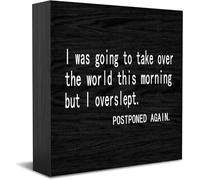 Feehiget I Was Going To Take Over The World This Morning But I Overslept Wooden Box Sign Decorative Funny Office Wood Box Sign Home Office Decor Sign For Shelf 5 X 5 Inches