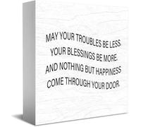 Feehiget May Your Troubles Be Less. Your Blessings Be More. And Nothing But Happiness Come Through Your Door Wood Box Sign,Desk Decor For Home Office,Tabletop Shelf Decor,5X5 Inch