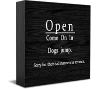 Feehiget Open Come On In Dogs Jump Sorry For Bad Manners Wood Box Sign,Desk Decor For Home Office,Tabletop Shelf Decor,5X5 Inch