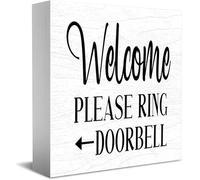 Feehiget Welcome Please Ring Doorbell Sign Wood Box Sign,Desk Decor For Home Office,Tabletop Shelf Decor,5X5 Inch